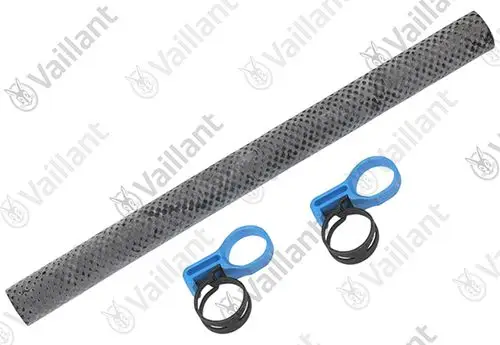 Schlauch mit flexibler Oberflächenstruktur und zwei schwarzen Spannringen in blau. Produkt der Marke Vaillant, geeignet für Heizungsinstallation.